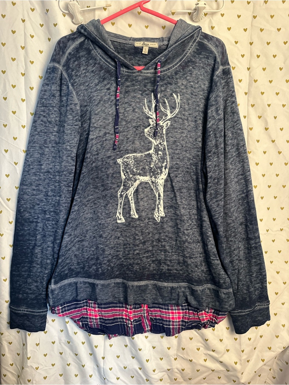 G.H. Bass Burnout Navy Deer Hoodie Layered Look Plaid Hem Sold out everywhere!